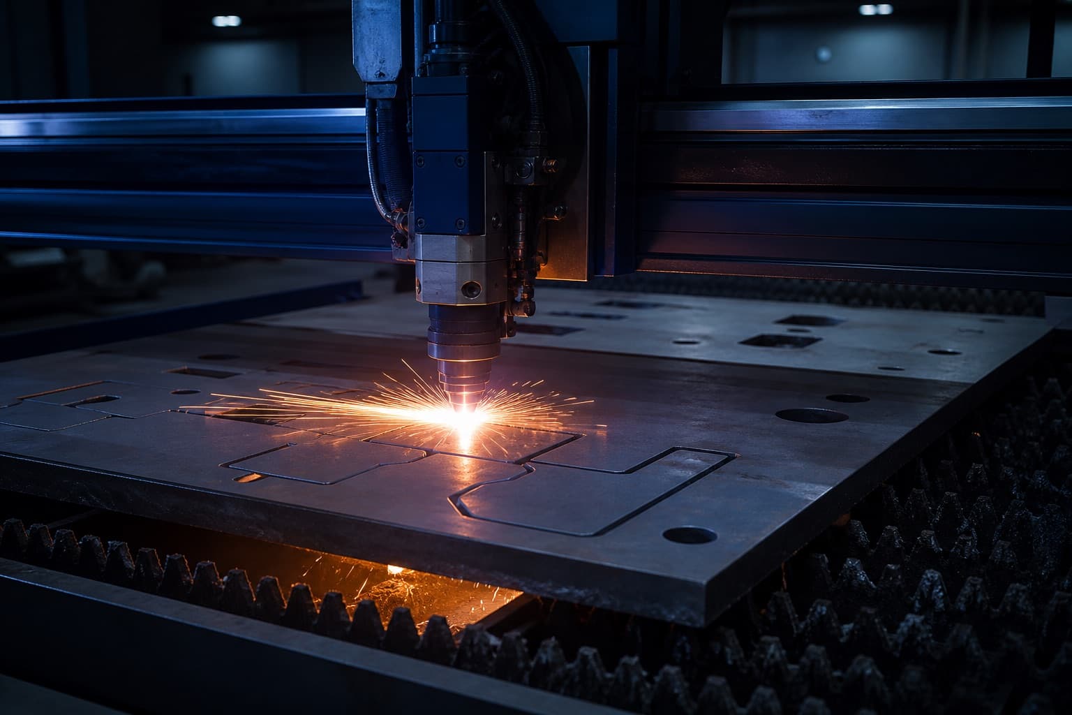 CNC laser cutting a steel plate