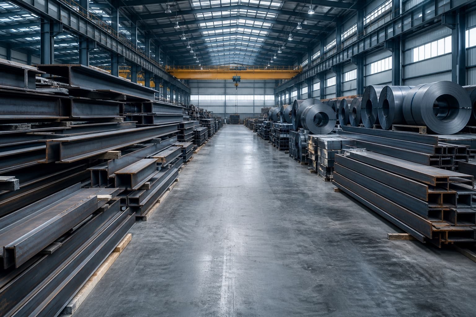 Steel service center with organized racks of beams and coil